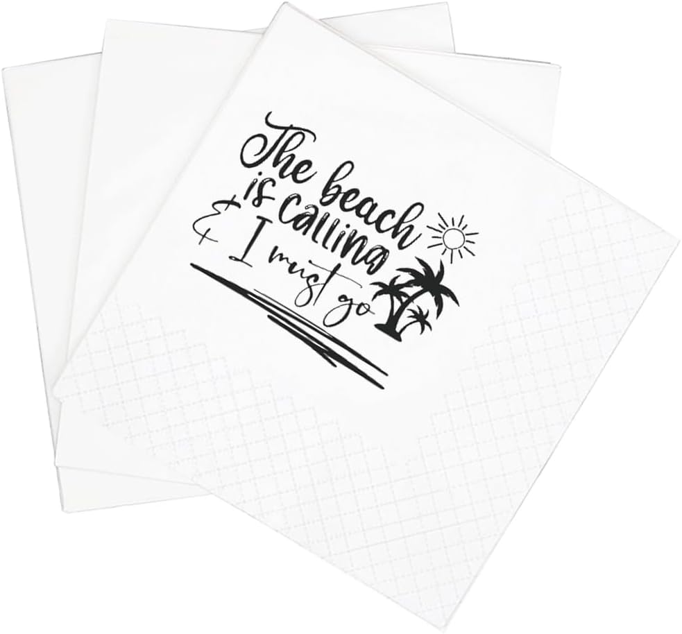 SharkBliss Beach Quotes Cocktail Napkins, 100 Pack - The Beach Is Calling! Disposable 2-Ply Napkins
