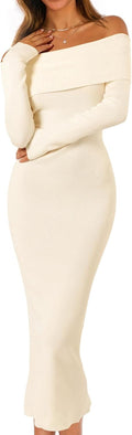 Off Shoulder Bodycon Sweater Dress - Elegant Fall Midi