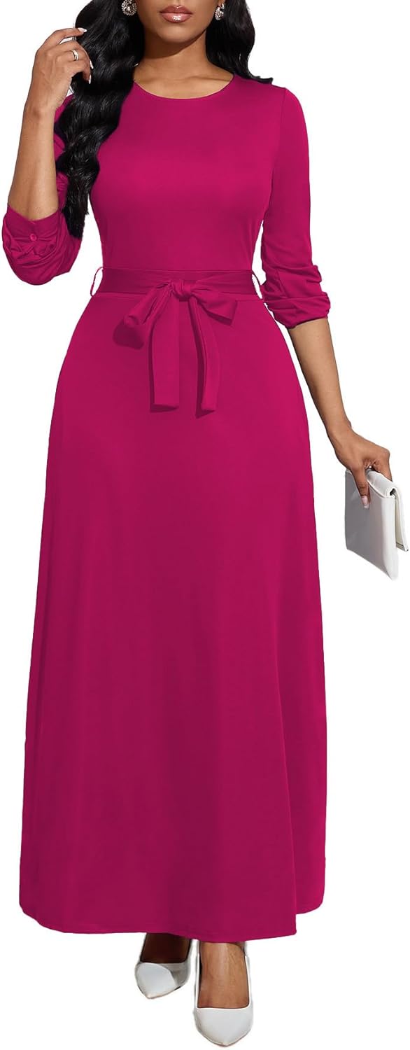Long Dress for Women Casual Long Sleeve Maxi Dress with Belt