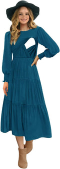 Womens Flutter Long Sleeve Smocked Tiered Nursing Dress with Pockets