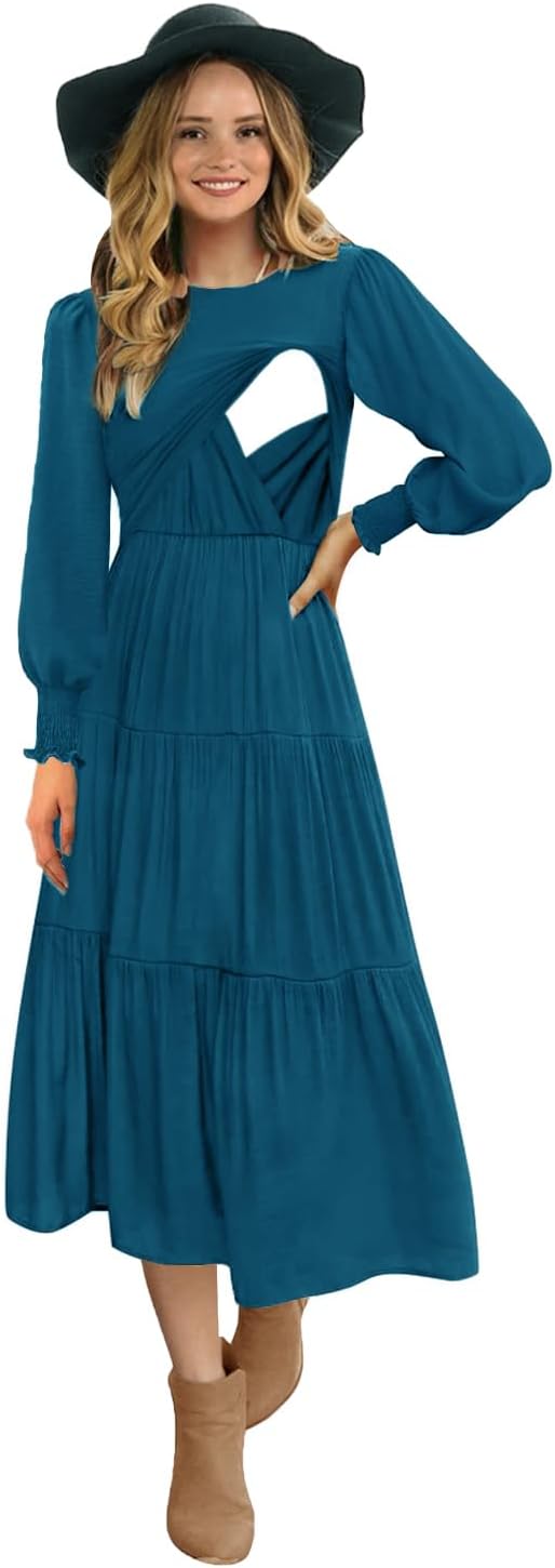 Womens Flutter Long Sleeve Smocked Tiered Nursing Dress with Pockets