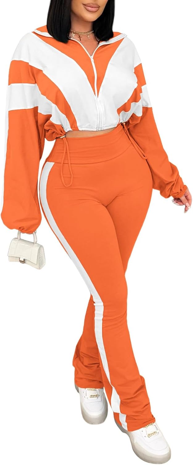 Stylish Women 2 Piece Outfit Color Block Cropped Jacket Set