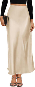 VividMosaic Satin High Waisted Maxi Skirt - Flattering A-Line Fall