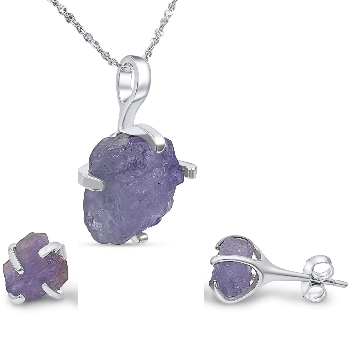 Real Raw Tanzanite Gemstone Jewelry Set with 925 Sterling Silver