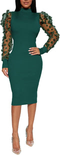 Annystore Women's Mock Neck Sheer Mesh Bodycon Midi Dress - Elegant