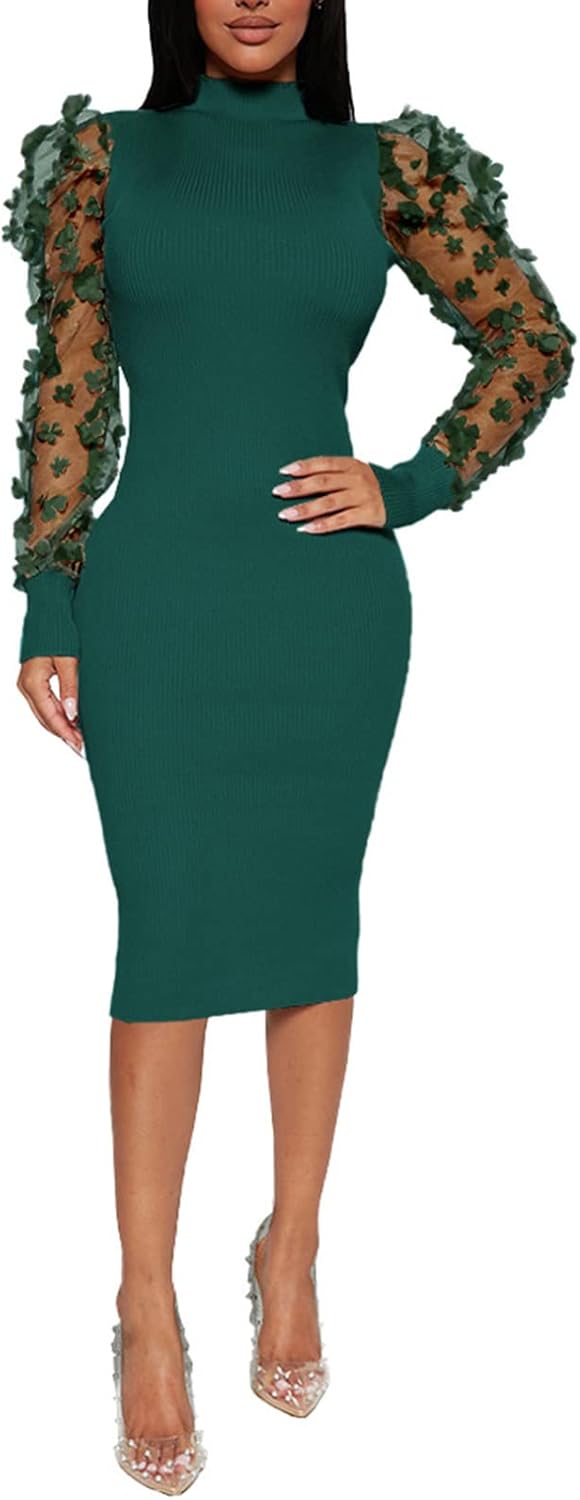 Elegant Mock Neck Sheer Long Sleeve Bodycon Dress for Women