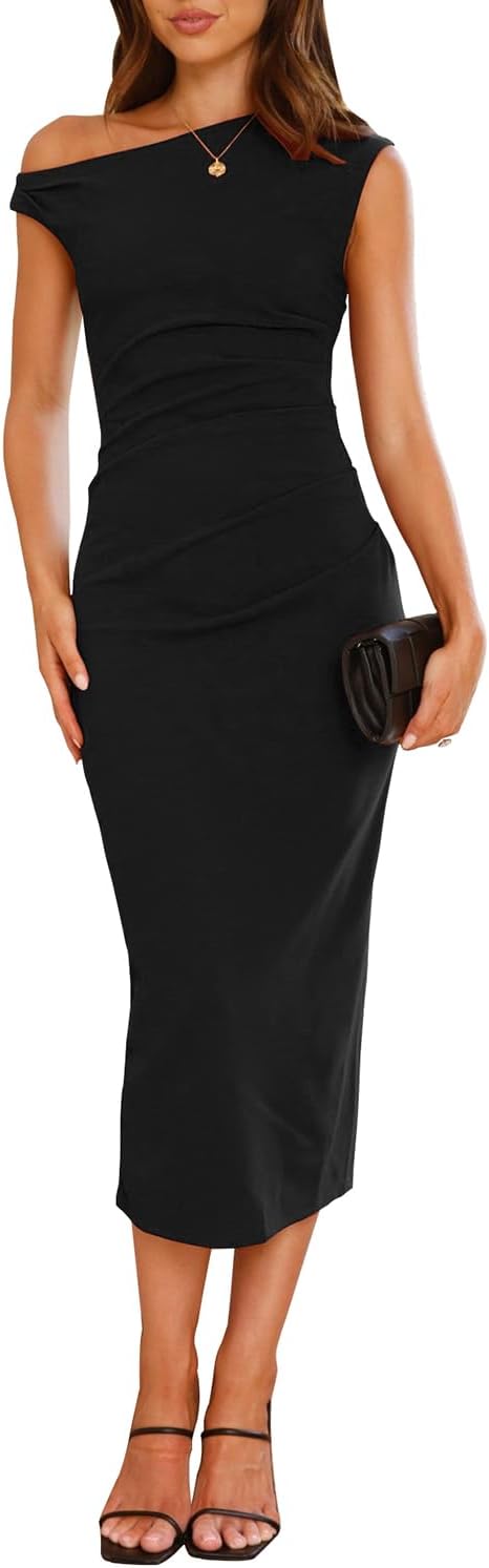 Stylish Women's Sleeveless One Shoulder Bodycon Midi Dress