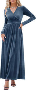OUGES Women's V-Neck Wrap Waist Maxi Dress - Flattering Everyday Shoes