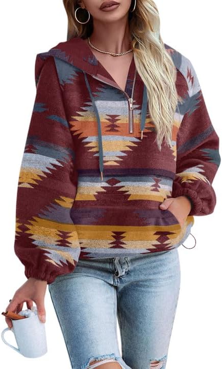 Fessceruna Womens Aztec Half Zip Up Hoodies for Casual Style