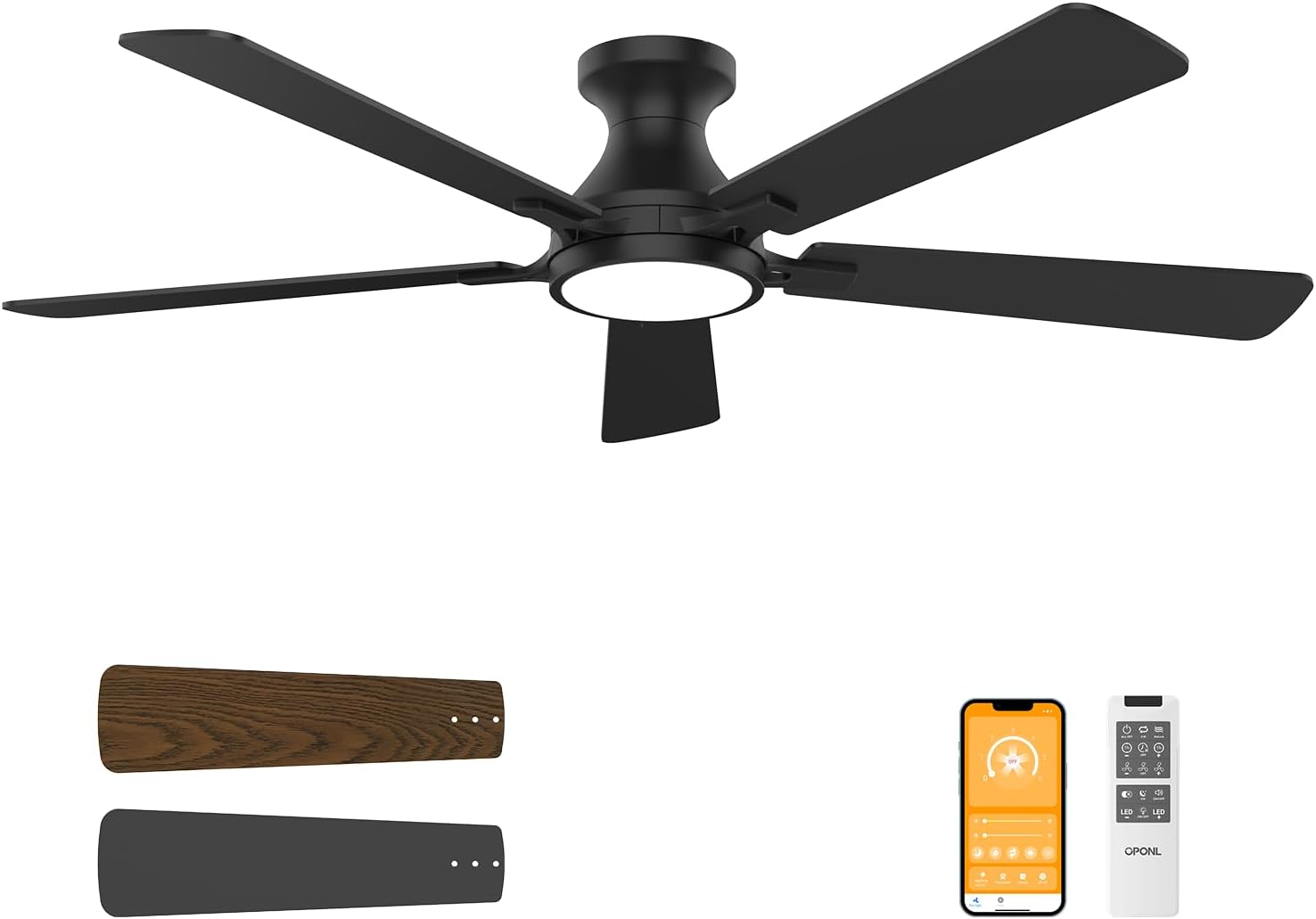 52 Inch Black Ceiling Fan with Light and Remote Control Features