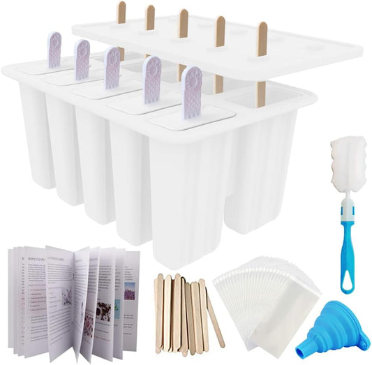 10-Cav Silicone Popsicle Maker Kit - Non-BPA, 50 Sticks, Recipe
