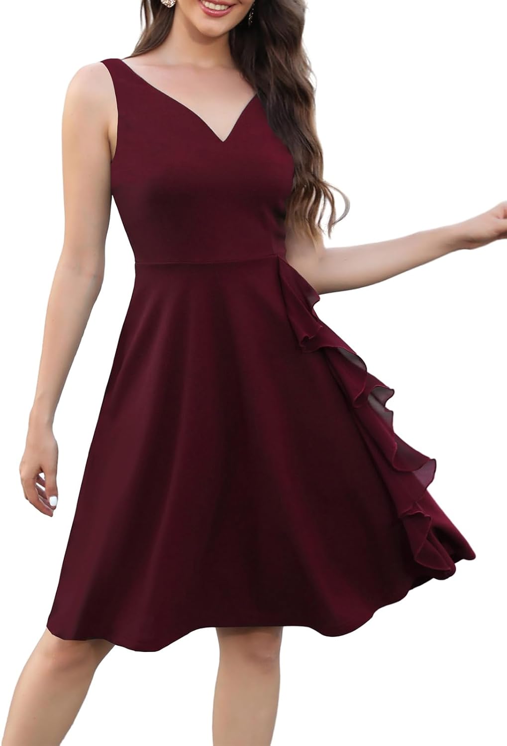 MSLG Elegant V-Neck Ruffle Chiffon Dress