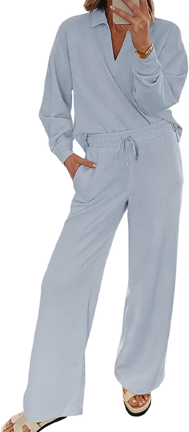 EVALESS Two Piece Sets for Women - Casual V Neck Sweatshirt
