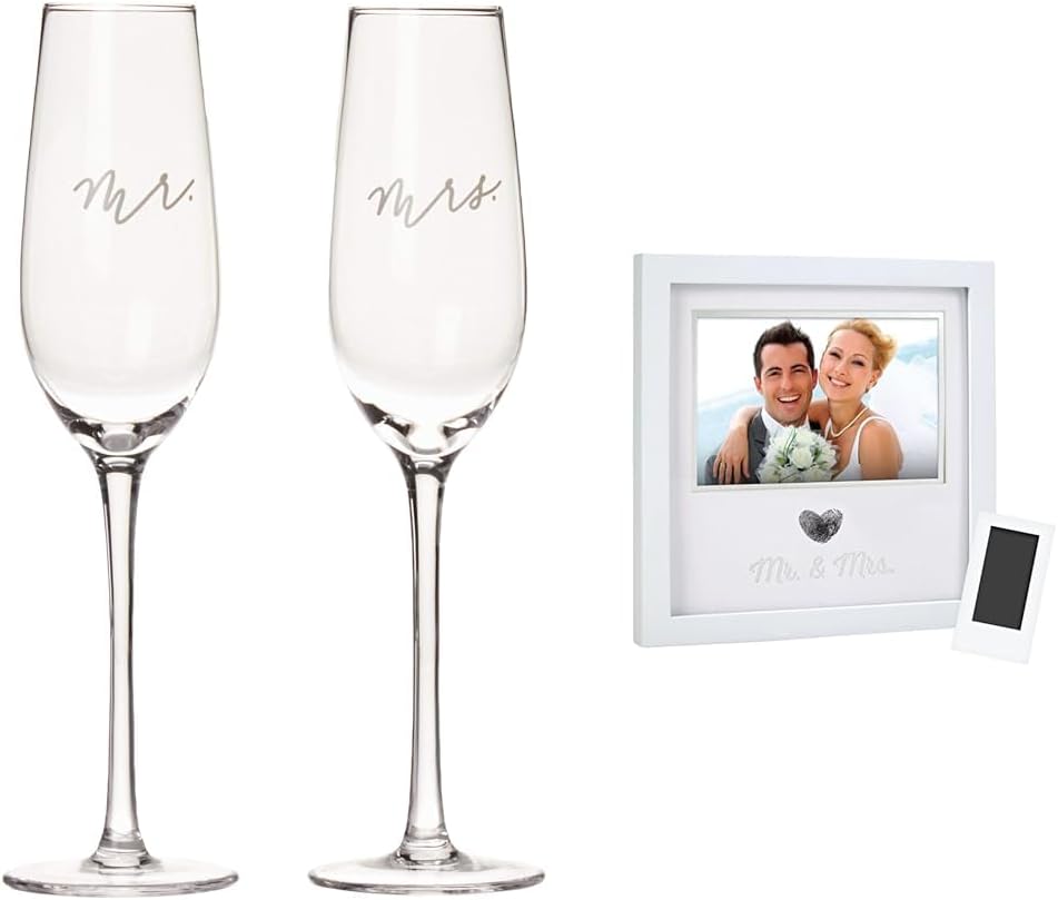 Mr. & Mrs. Champagne Flute Set with Heart Thumbprint Frame