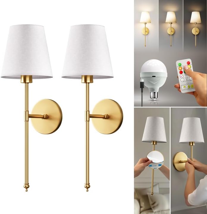 Set of 2 Wireless Wall Sconces with Rechargeable LED Bulbs