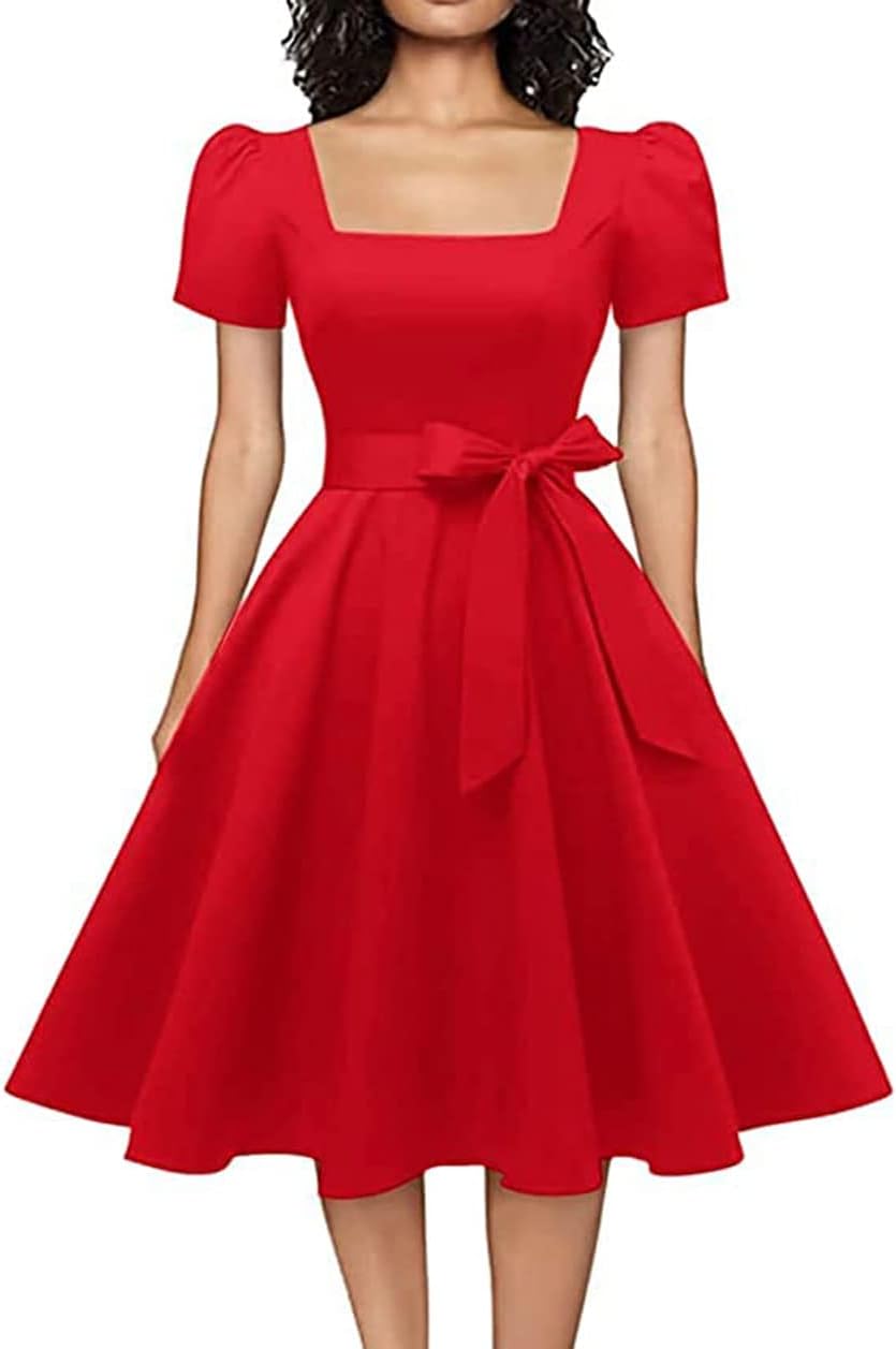 Vintage 1950s Cocktail Party Dress with Puff Sleeves for Women