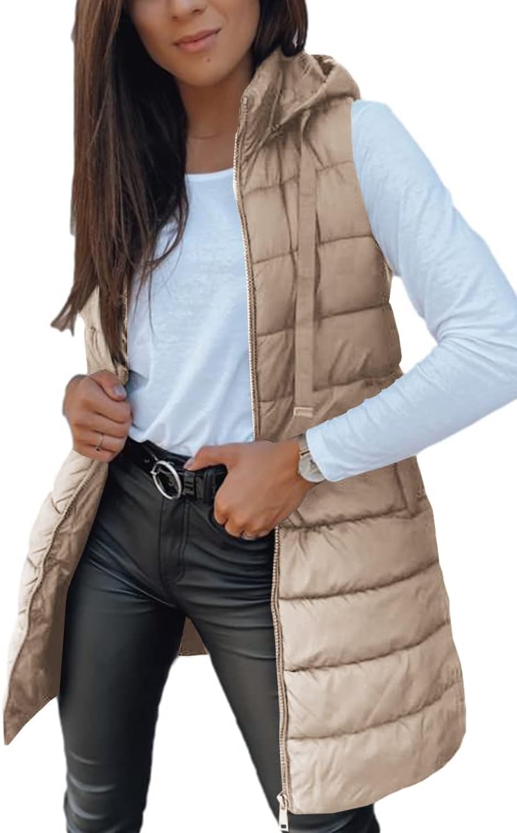 Stylish Women Long Vest Solid Color Sleeveless Hooded Puffer