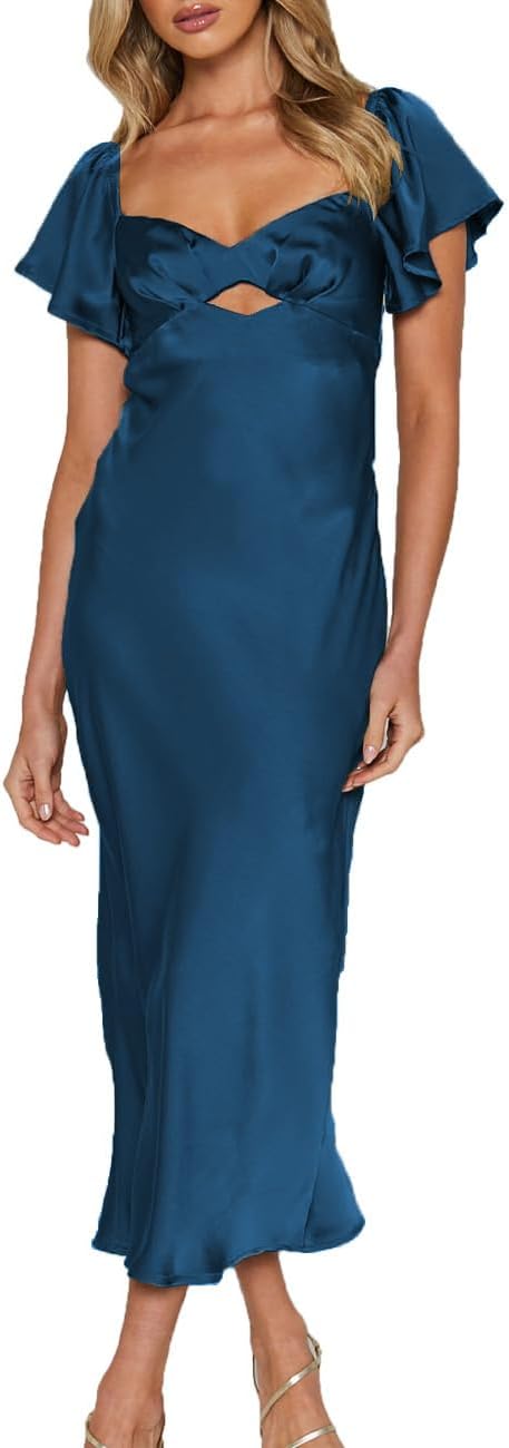 Summer Satin Flutter Sleeve Wedding Guest Dresses for Women