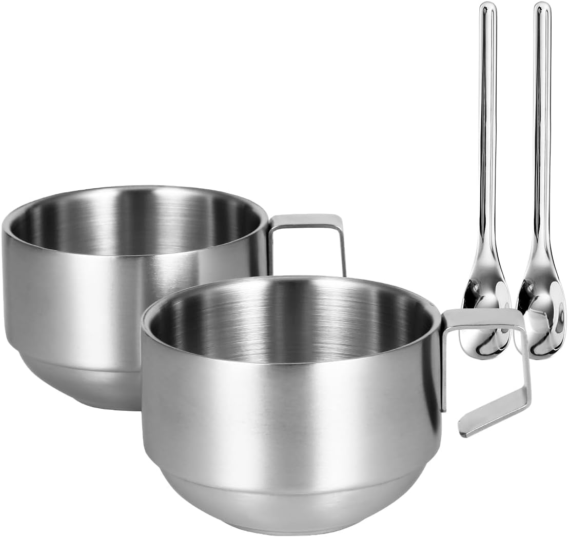 Stackable Stainless Steel Coffee Mugs Set - 2 Spoons Included