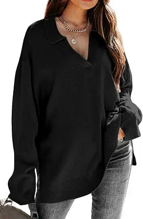 LILLUSORY Women's V Neck Collared Oversized Knit Pullover Sweater