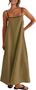 Linen Maxi Dress Contrast Spaghetti Strap Backless Slip (Style XSX1)