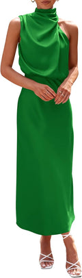 Women Satin Maxi Dress Mock Neck Sleeveless - Elegant Summer Dress