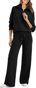 Womens 2 Piece Oversized Half Zip Sweatsuit Set - Wide Leg Lounge