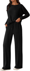 Womens 2 Piece Long Sleeve Lounge Set - Wide Leg Drawstring Pants