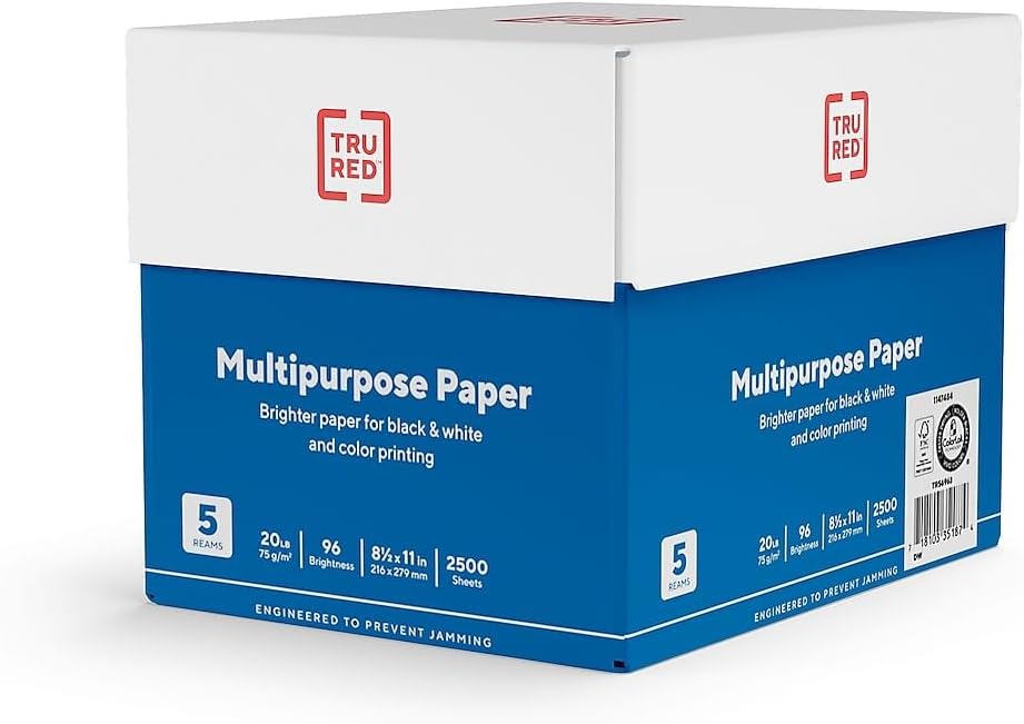 TRU RED Color Printer Paper - 5 Reams - 2,500 Sheets - Jam-Free