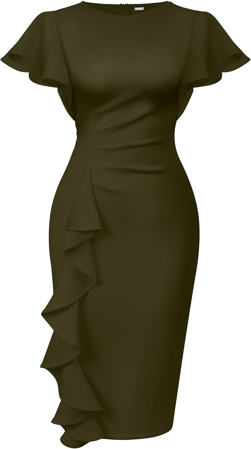 Memoriesea Women's Vintage Church Ruffle Sleeve Midi Dress