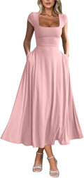Women's Square Neck Short Sleeve Maxi Dress - Flowy with Pockets
