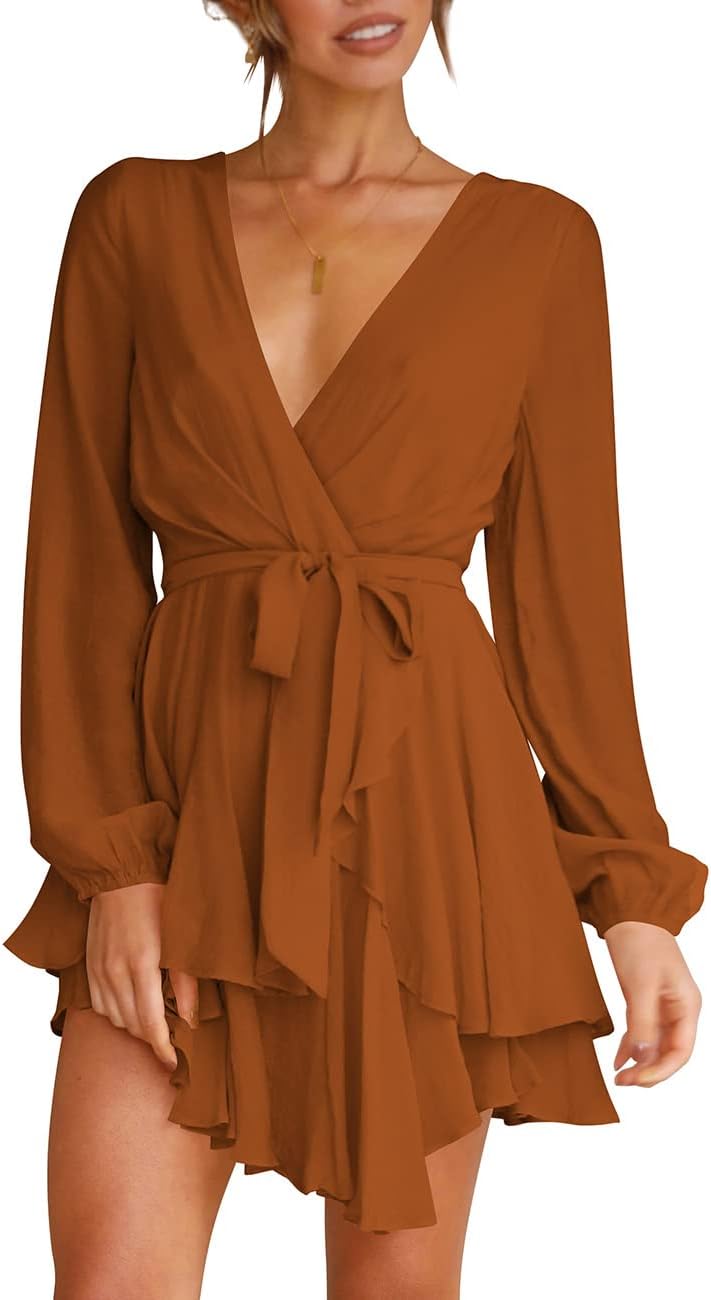 Cosonsen Women's Deep V-Neck Long Sleeve Mini Swing Dress