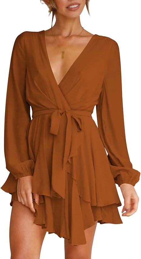 Cosonsen Women's Dress Deep V-Neck Long Sleeve Ruffle Mini