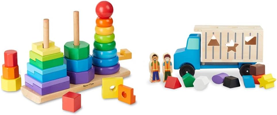 Geometric Stacker and Shape-Sorting Wooden Dump Truck Toy Bundle