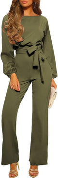 Womens Dressy Jumpsuit Long Sleeve Belted Wide Leg Pant Romper - Chic