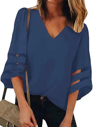 BLENCOT Womens 3/4 Bell Sleeve V Neck Lace Blouse for Casual Wear
