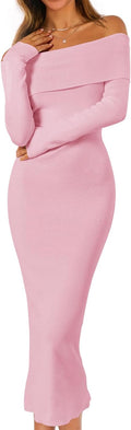 Off Shoulder Bodycon Sweater Dress Midi - Warm Elegant Fit