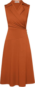 Notch Lapel Ruched Wrap V Neck Sleeveless Midi Dress - Work to Evening