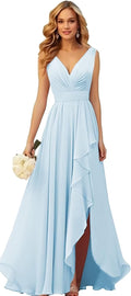 TORYEMY Chiffon Bridesmaid Dresses Long V Neck with Slit Ruffle