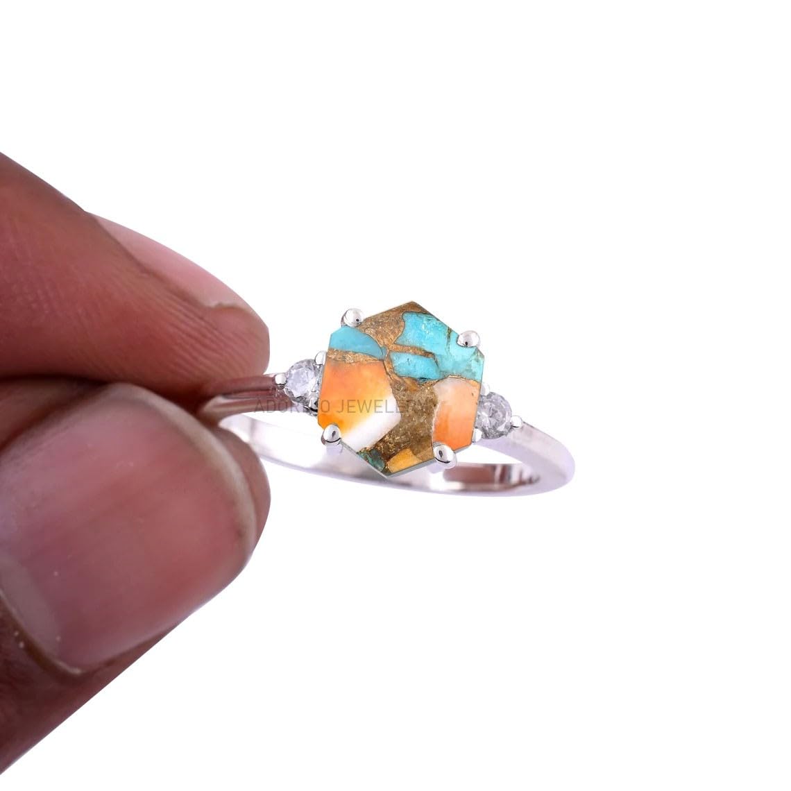 Solid 925 Sterling Silver Ring with Natural Oyster Copper Turquoise