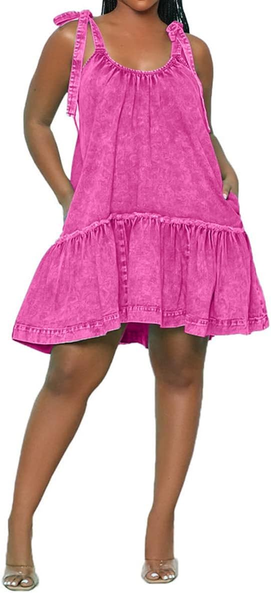 Women Denim Cami Dress with Tie Shoulder and Ruffle Hem