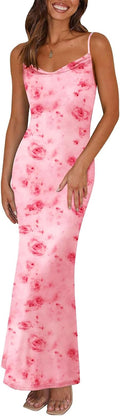 Women's Floral Spaghetti Strap Maxi Dress - Backless Stretch Fit