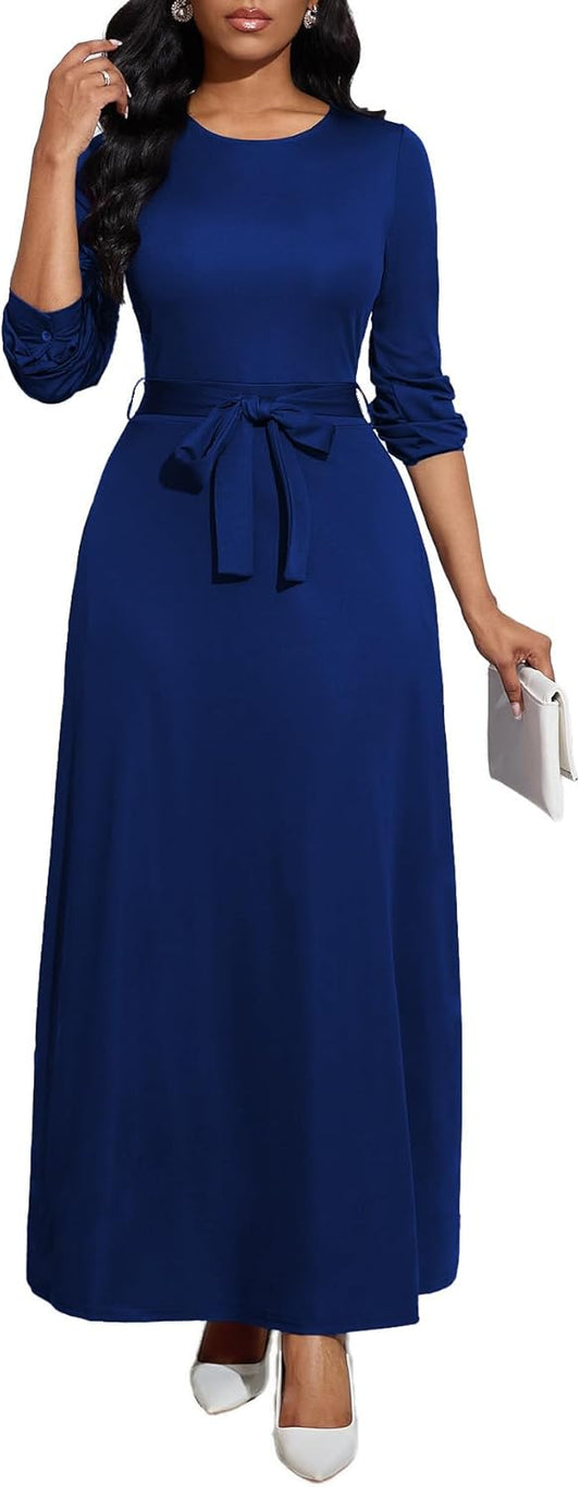 Long Dress for Women Casual Long Sleeve Maxi Dress with Belt