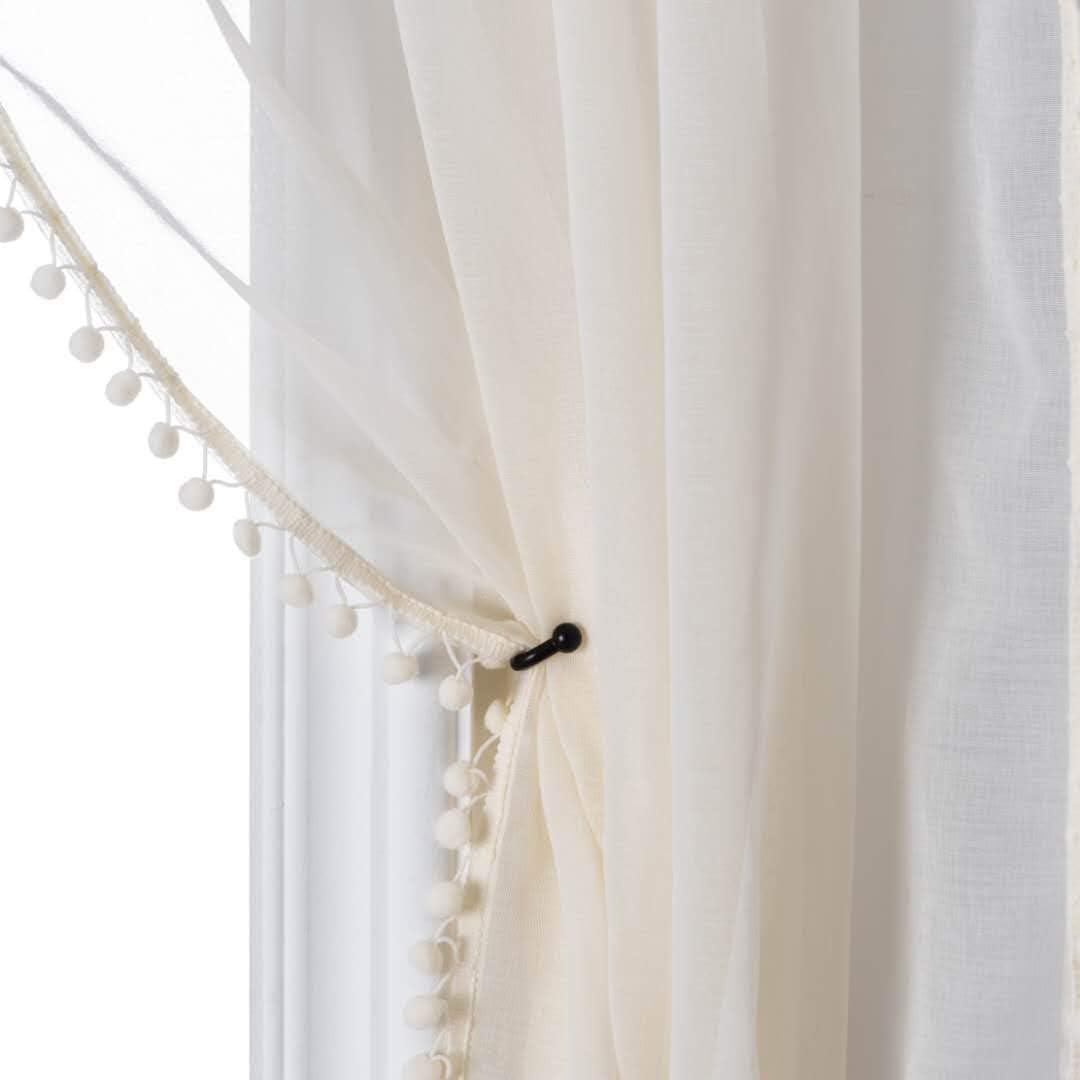 Linen Look Pom Pom Tasseled Sheer Curtains for Living Room