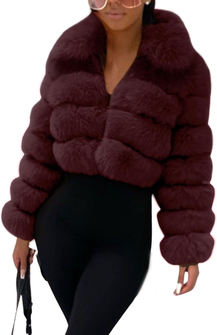 Faux Fur Cropped Jacket for Women - Warm Puffer Coat Style