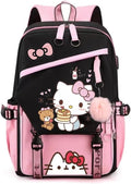 Pink Denim Laptop Backpack with USB Port - Cute Anime Pattern