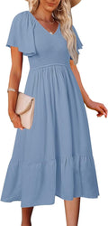 MEROKEETY Women's V Neck Ruffle Sleeve Smocked High Waist Midi