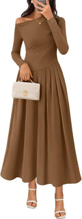 Women's One Shoulder Midi Maxi Dress - Pleated Elegant Fit
