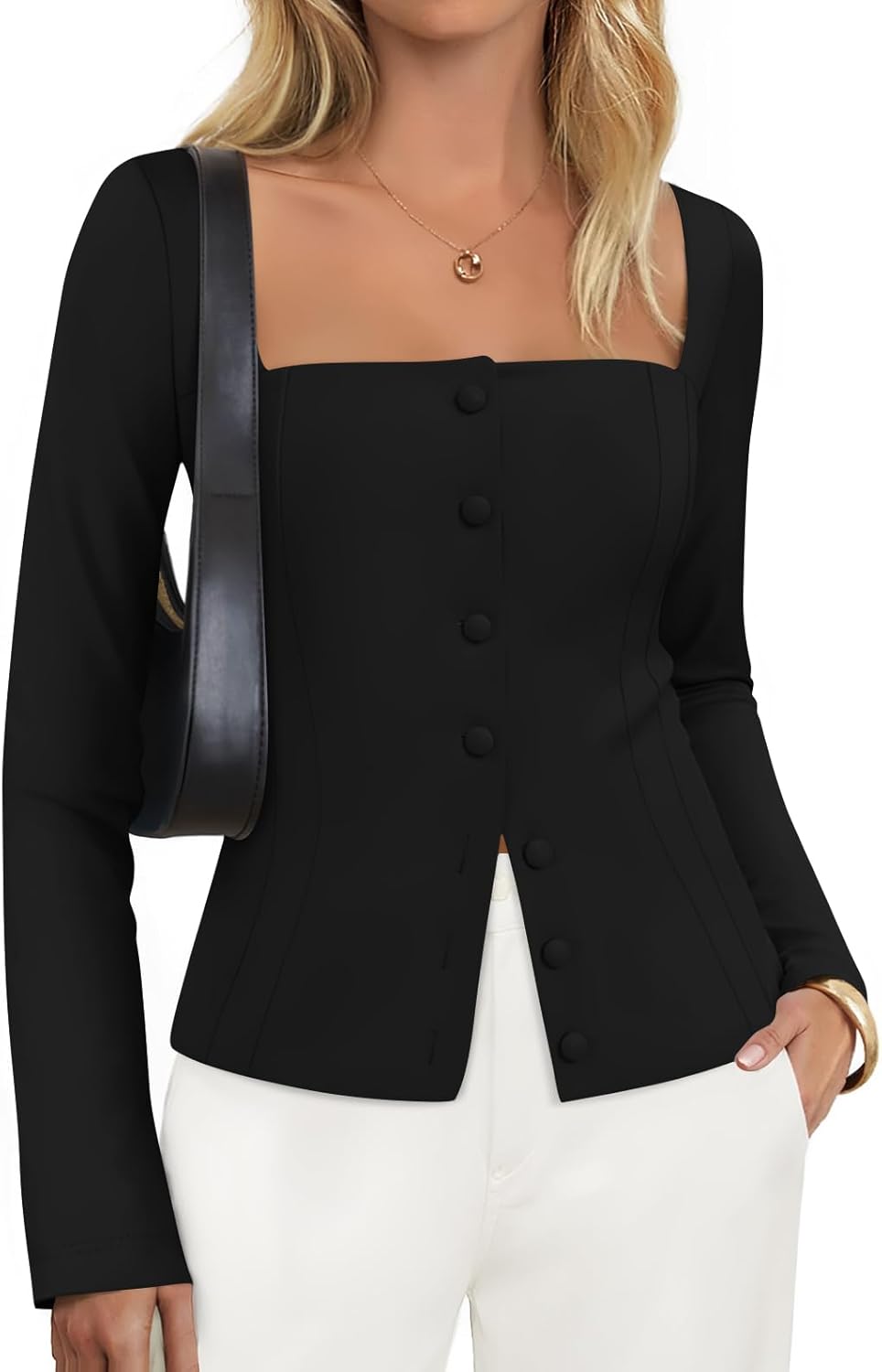 ZESICA Women's Fall Square Neck Blazers for Casual Work Style