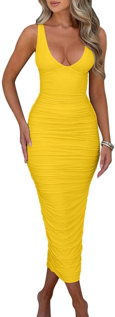 BEAGIMEG Women's Sexy Ruched Sleeveless Deep V Maxi Dress
